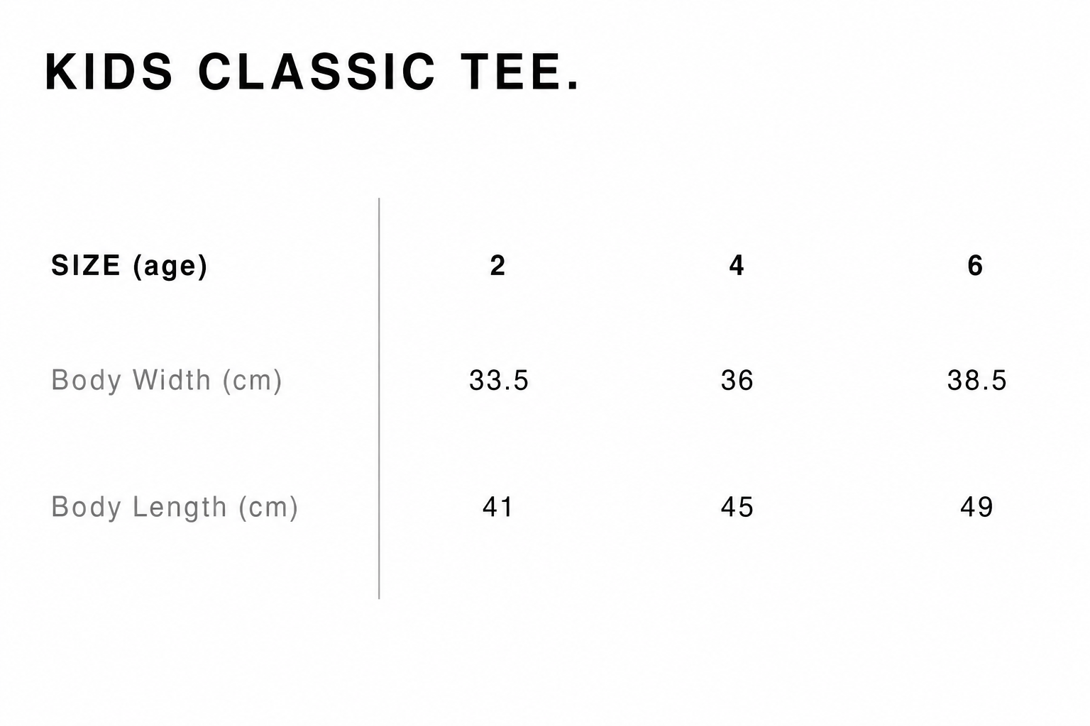 Size guide for Suncebeat 2026 - Kids Classic Tee