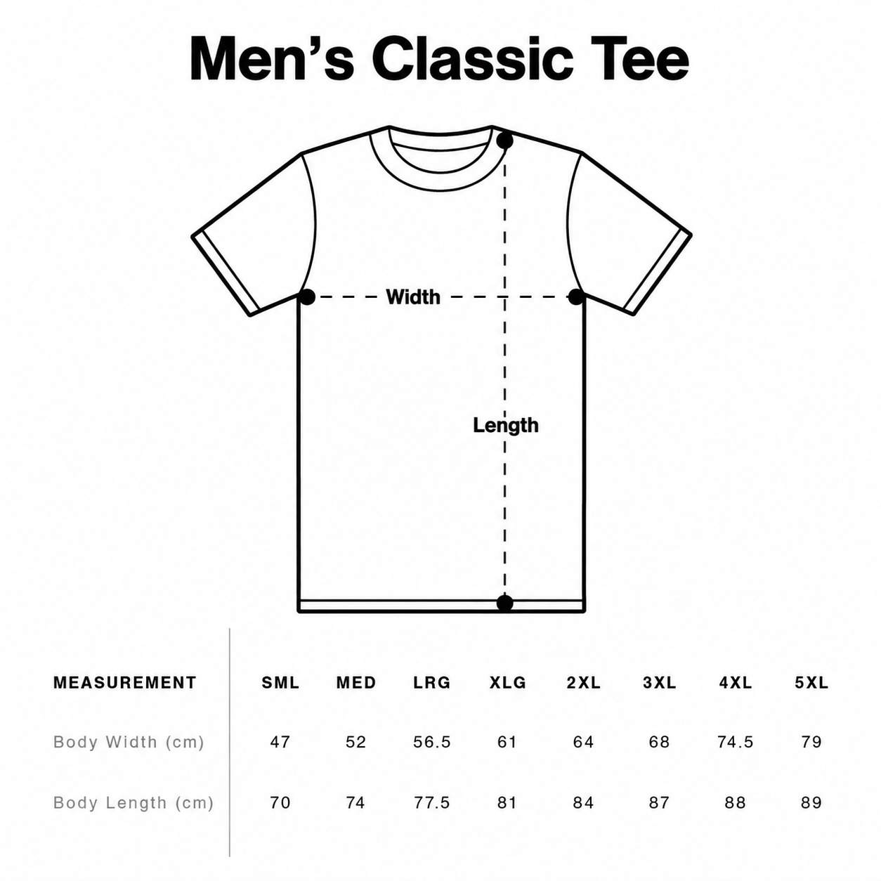 Size guide for Suncebeat 2026 - Men's Classic Tee