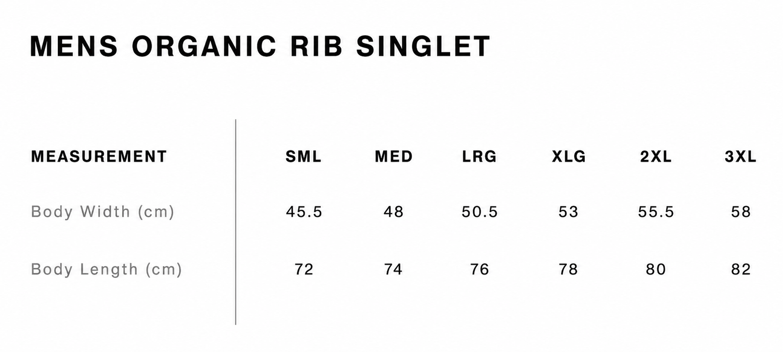 Size guide for Suncebeat 2026- Men's Organic Rib Singlet