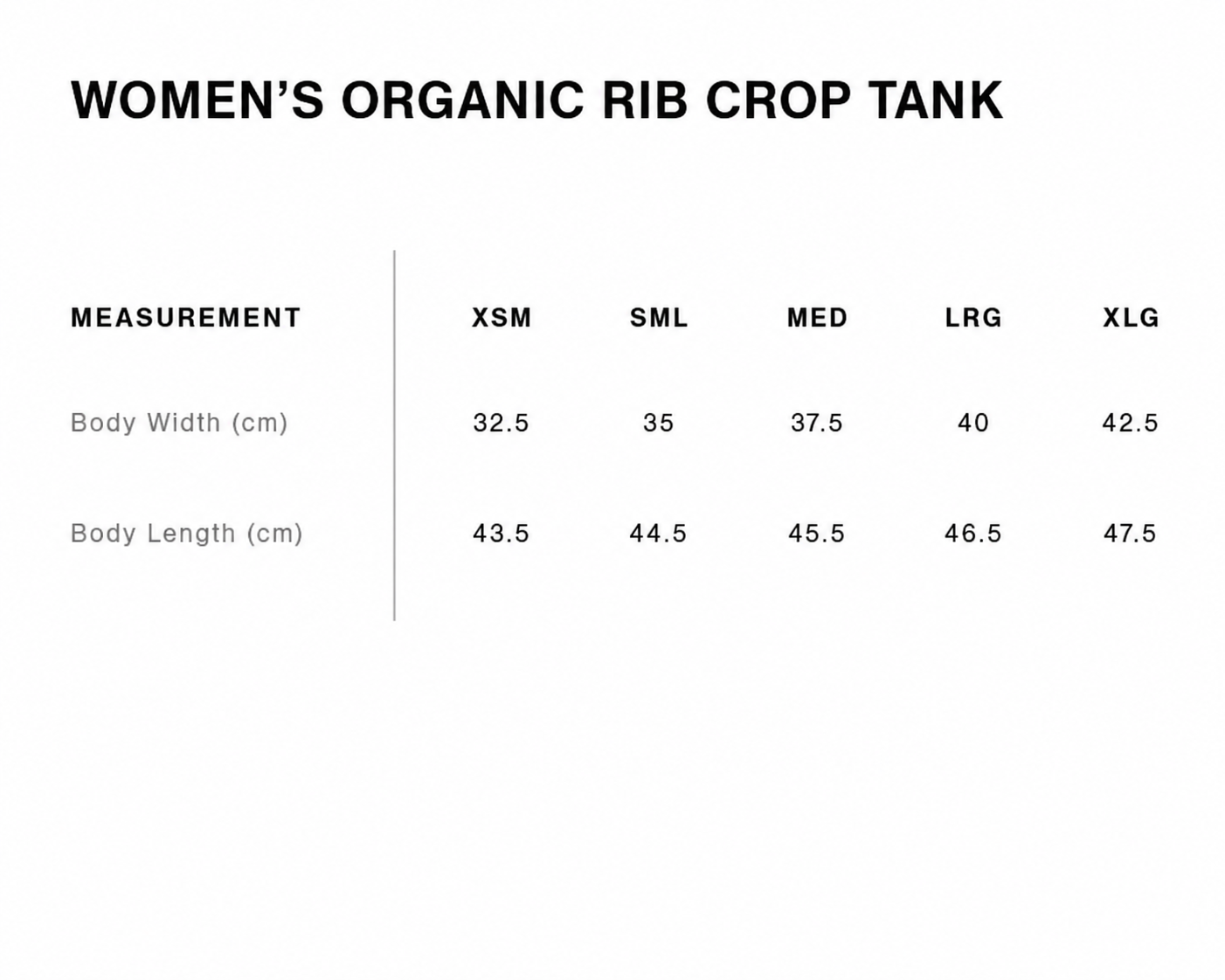 Size guide for Suncebeat 2026 - Women's Organic Rib Crop Tank
