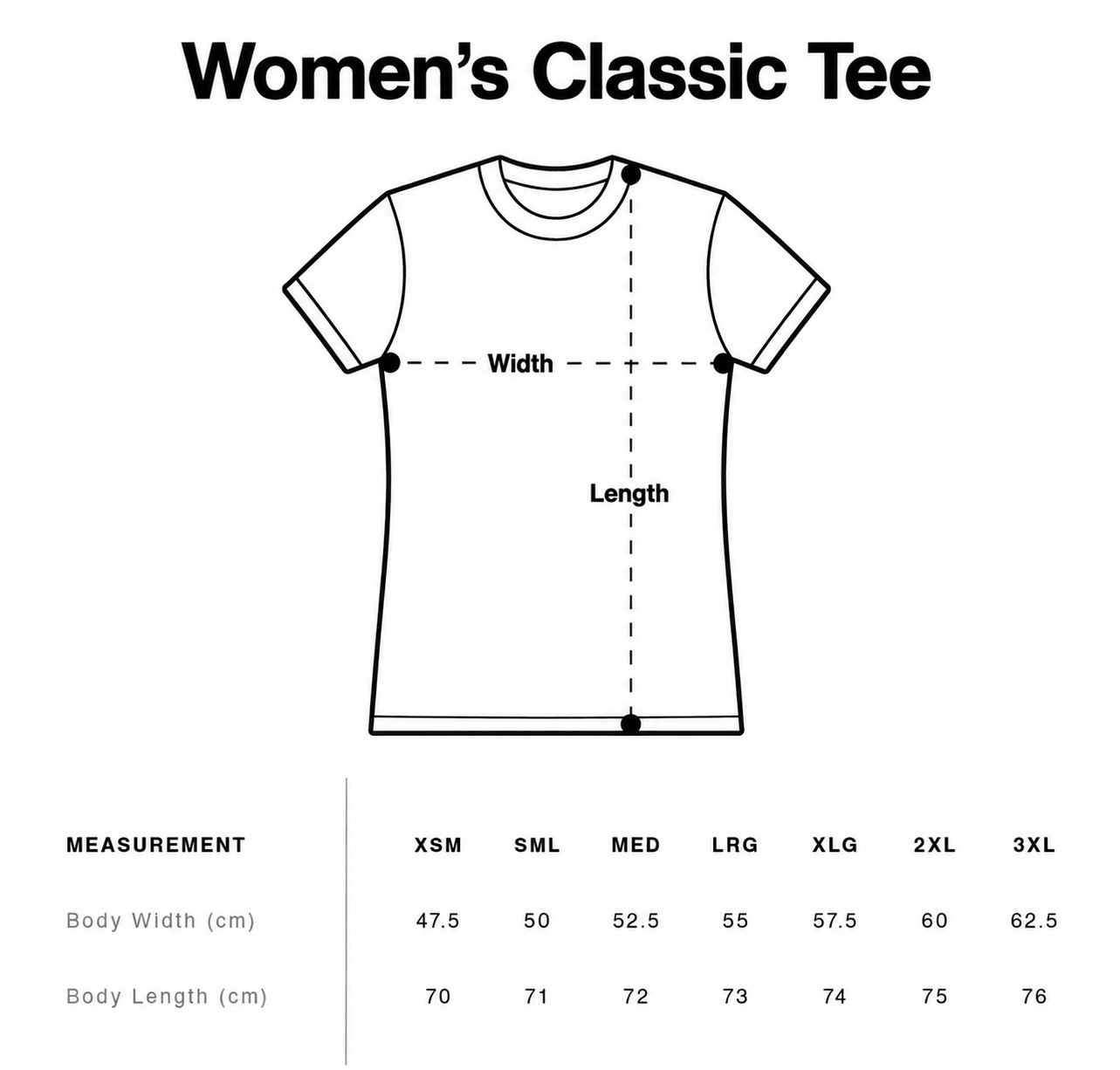 Size guide for Suncebeat 2026 - Women's Classic Tee