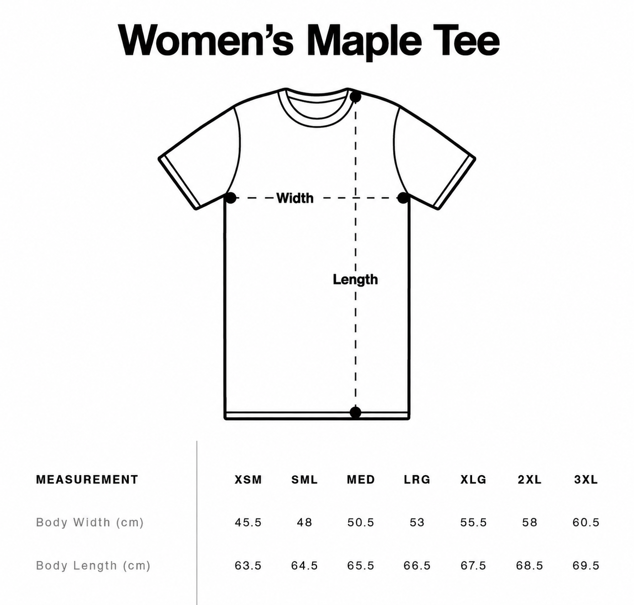 Size guide for Suncebeat 2026 - Womens Maple Tee
