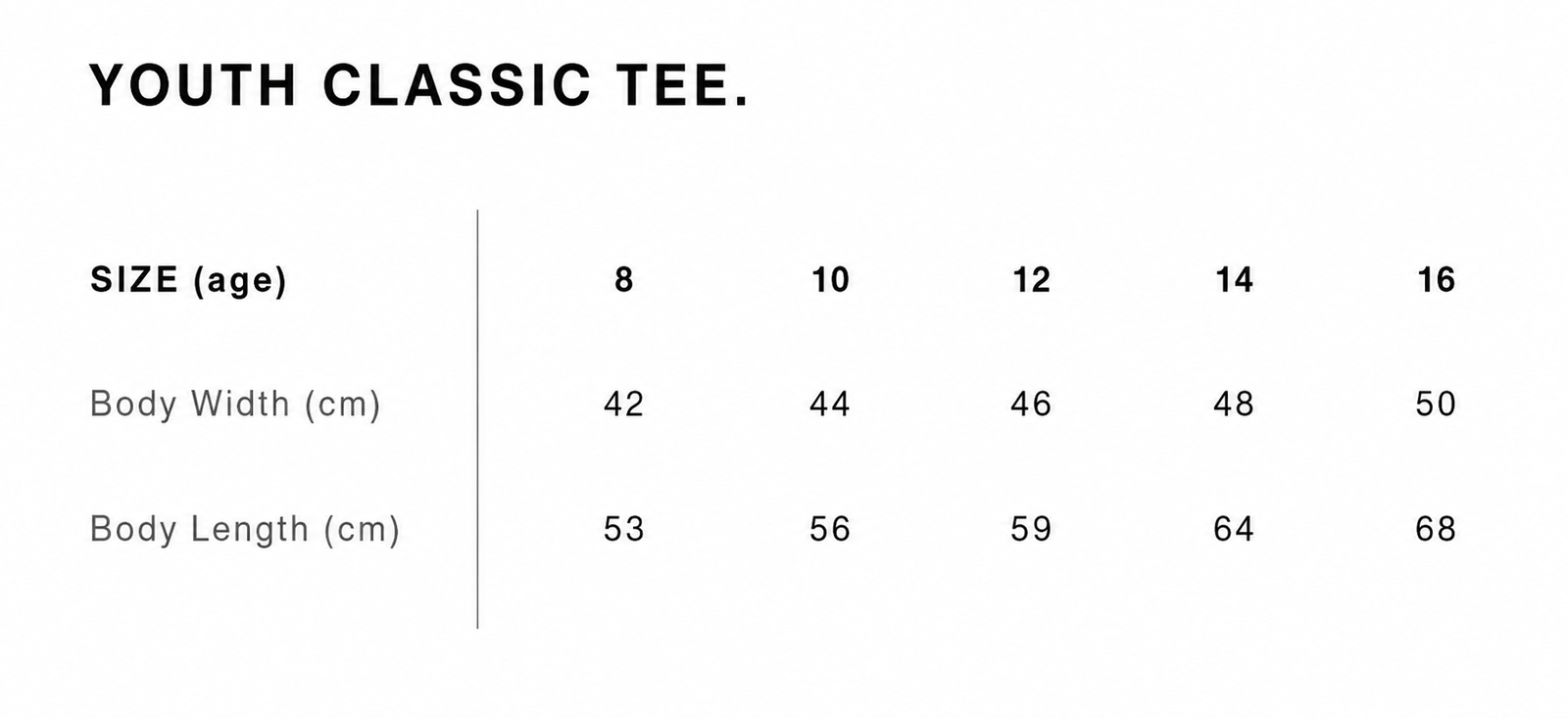 Size guide for Suncebeat 2026 - Youth Classic Tee